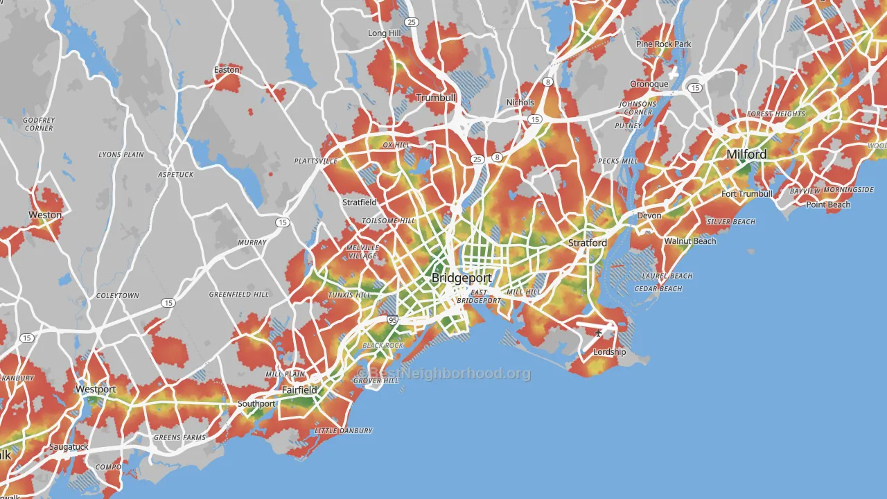 Walk Grade map of Bridgeport, CT, walkable areas in green and car-dependent areas in red