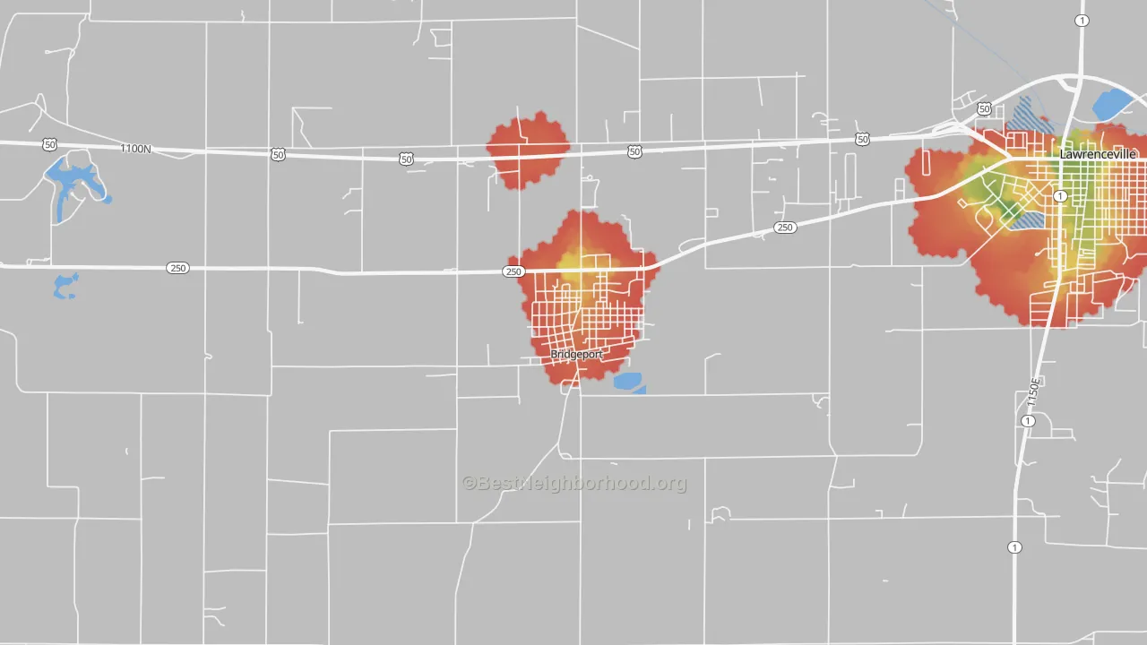Walk Grade map of Bridgeport, IL, walkable areas in green and car-dependent areas in red