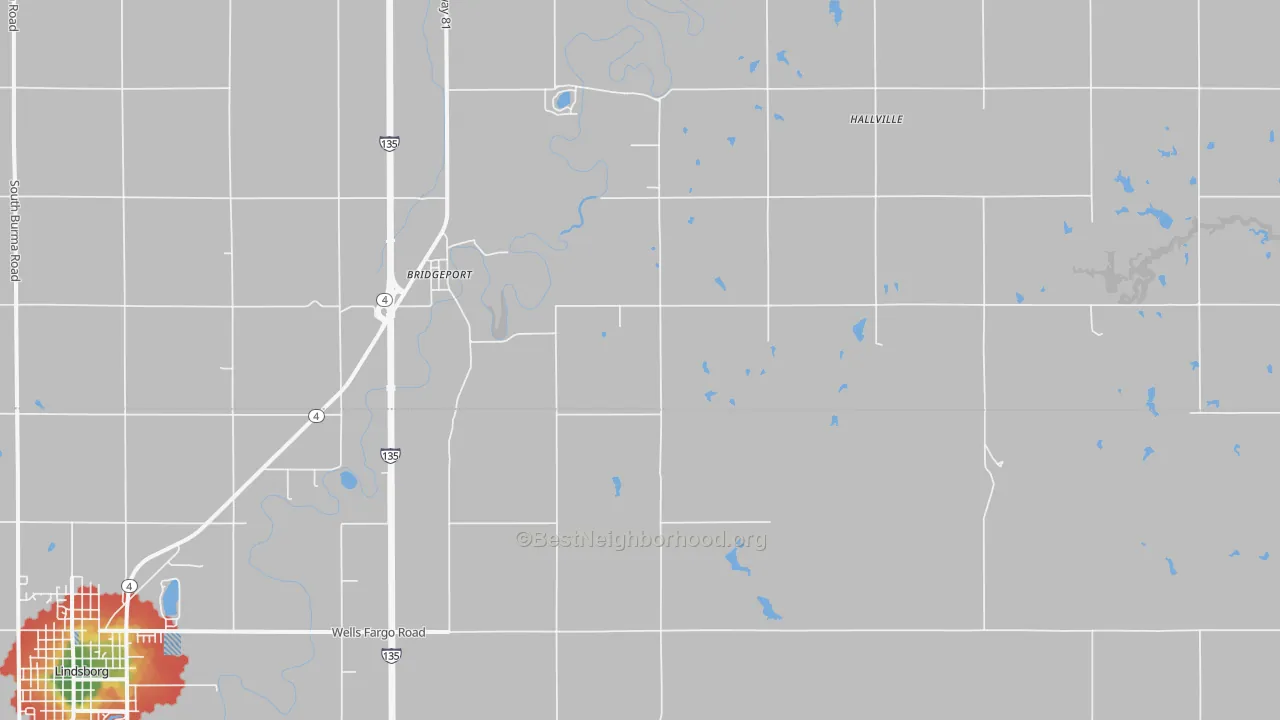 Walk Grade map of Bridgeport, KS, walkable areas in green and car-dependent areas in red