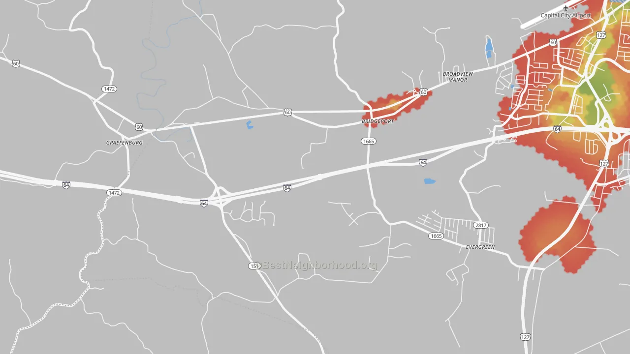 Walk Grade map of Bridgeport, KY, walkable areas in green and car-dependent areas in red