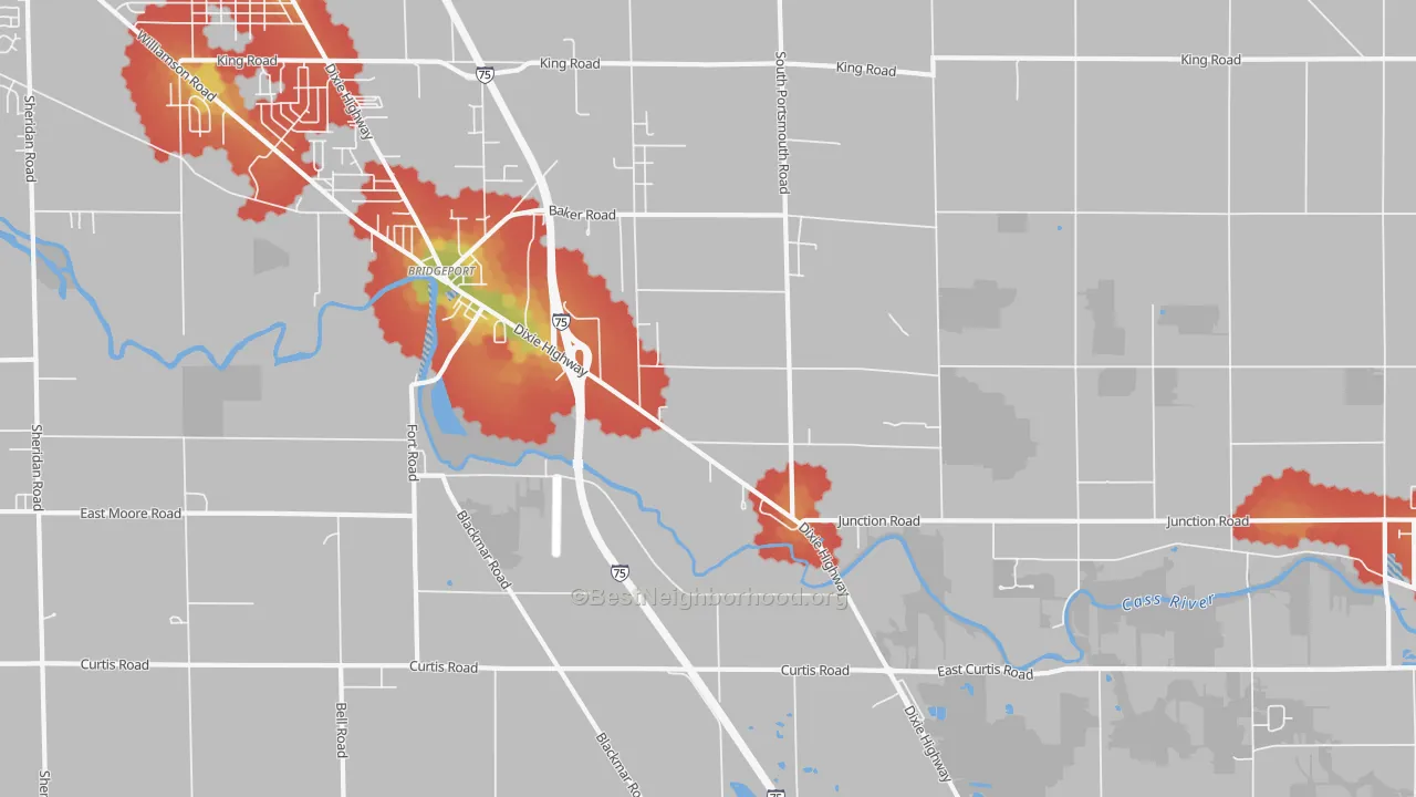 Walk Grade map of Bridgeport, MI, walkable areas in green and car-dependent areas in red