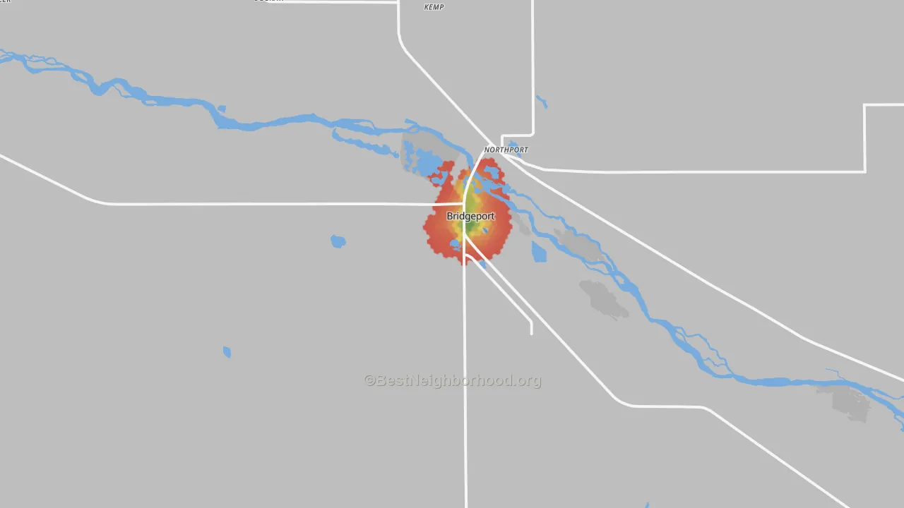 Walk Grade map of Bridgeport, NE, walkable areas in green and car-dependent areas in red
