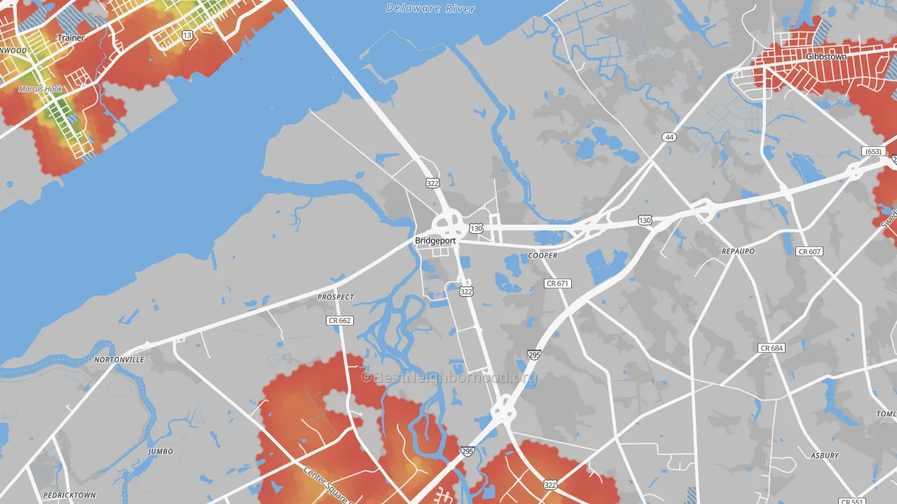 Walk Grade map of Bridgeport, NJ, walkable areas in green and car-dependent areas in red