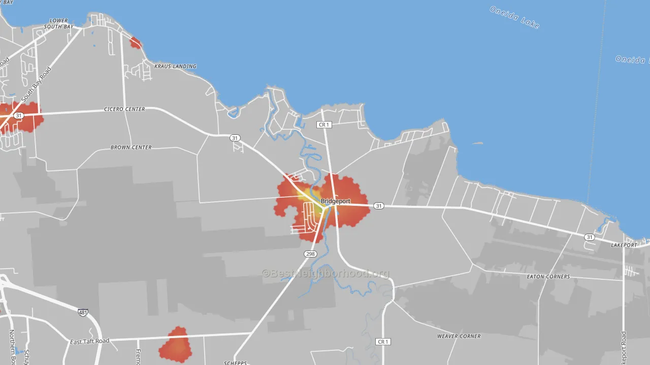 Walk Grade map of Bridgeport, NY, walkable areas in green and car-dependent areas in red