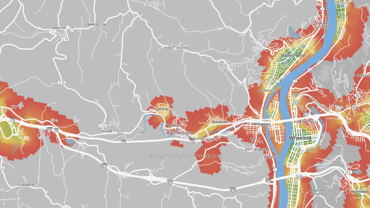 Walk Grade map of Bridgeport, OH, walkable areas in green and car-dependent areas in red