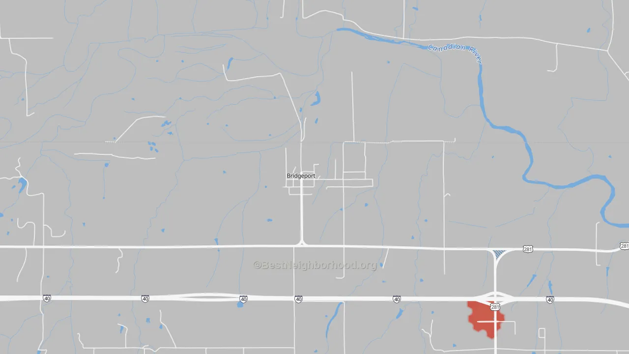 Walk Grade map of Bridgeport, OK, walkable areas in green and car-dependent areas in red