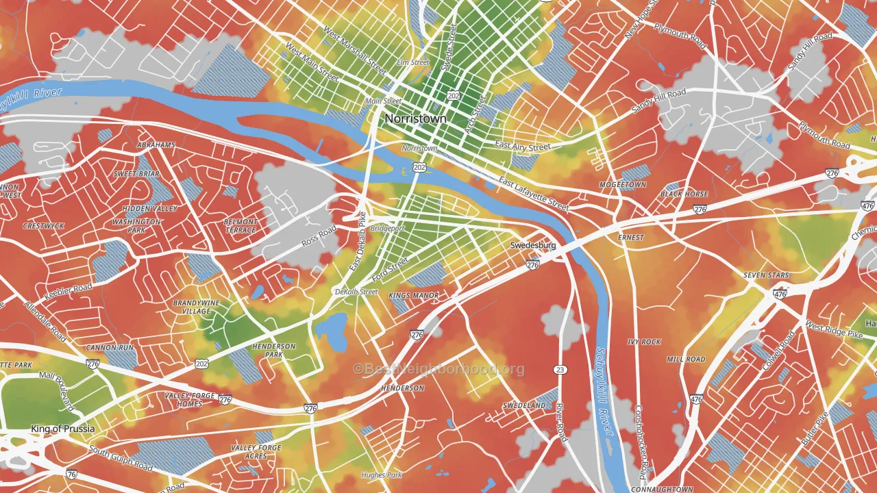 Walk Grade map of Bridgeport, PA, walkable areas in green and car-dependent areas in red