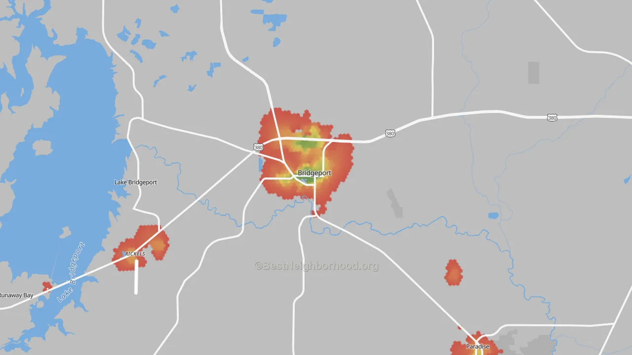Walk Grade map of Bridgeport, TX, walkable areas in green and car-dependent areas in red