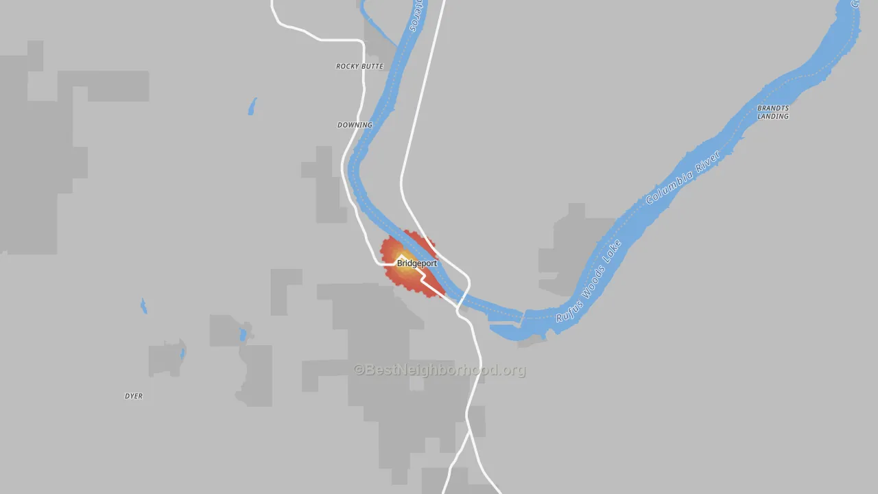 Walk Grade map of Bridgeport, WA, walkable areas in green and car-dependent areas in red