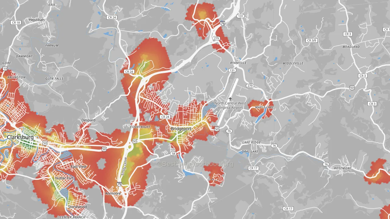 Walk Grade map of Bridgeport, WV, walkable areas in green and car-dependent areas in red