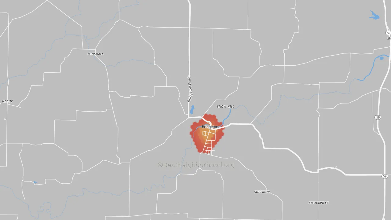 Walk Grade map of Bridgeton, IN, walkable areas in green and car-dependent areas in red