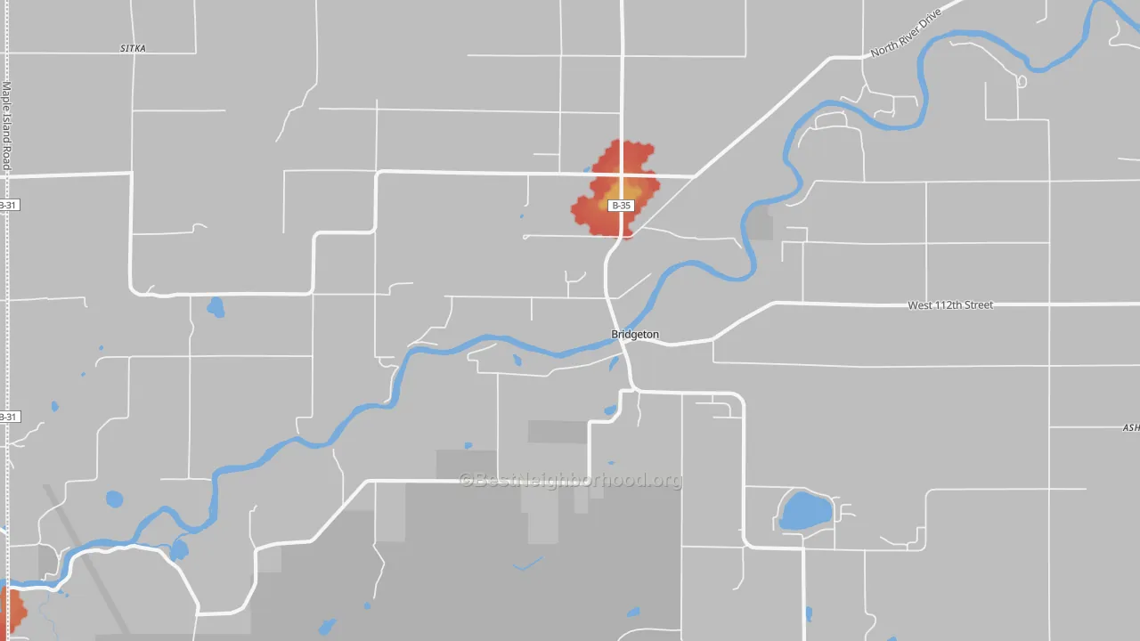 Walk Grade map of Bridgeton, MI, walkable areas in green and car-dependent areas in red