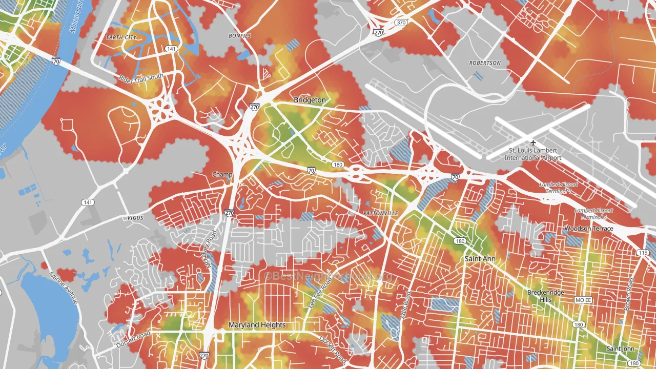 Walk Grade map of Bridgeton, MO, walkable areas in green and car-dependent areas in red