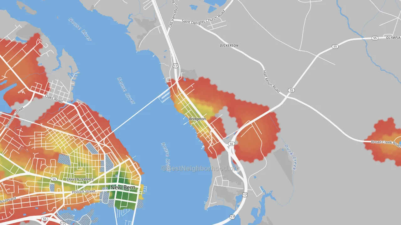 Walk Grade map of Bridgeton, NC, walkable areas in green and car-dependent areas in red