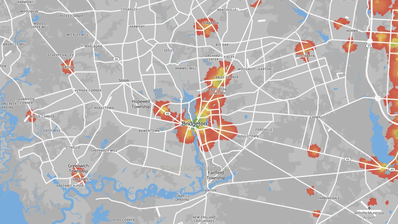Walk Grade map of Bridgeton, NJ, walkable areas in green and car-dependent areas in red