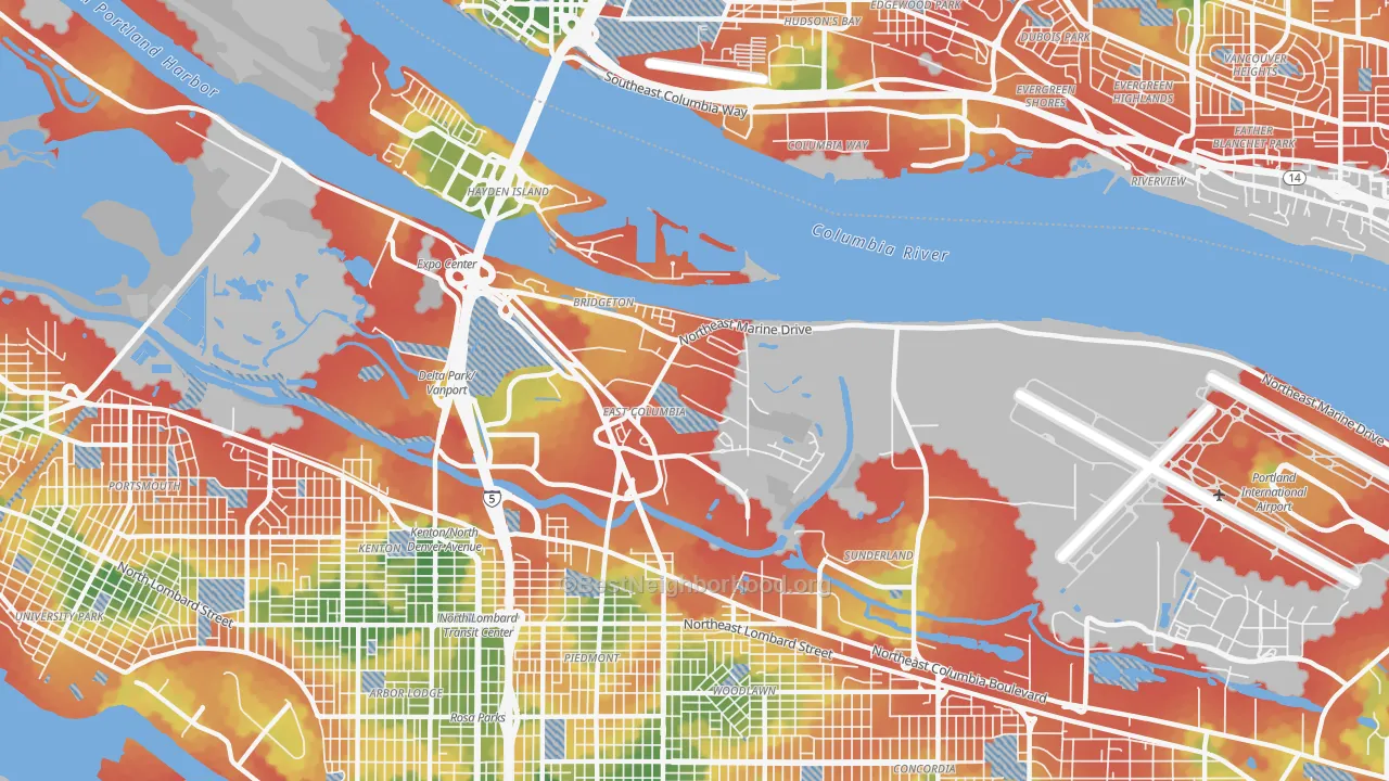 Walk Grade map of Bridgeton, Portland, OR, walkable areas in green and car-dependent areas in red