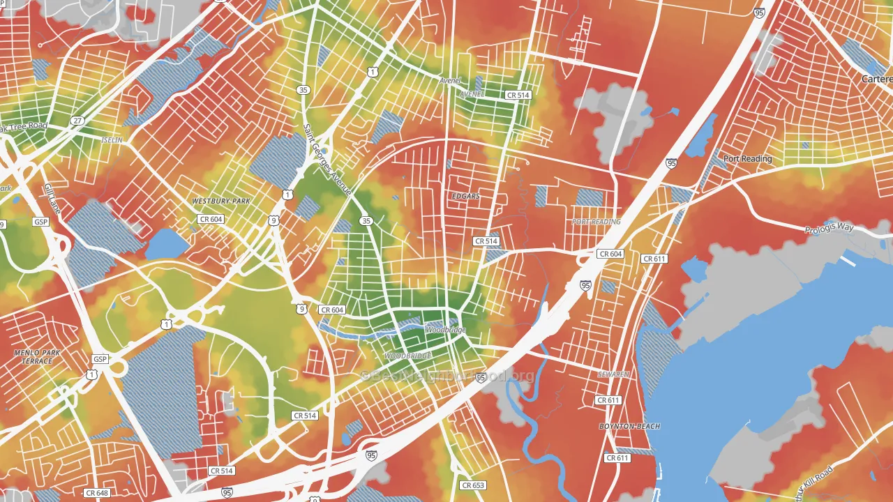 Walk Grade map of Bridgeton, Woodbridge, NJ, walkable areas in green and car-dependent areas in red