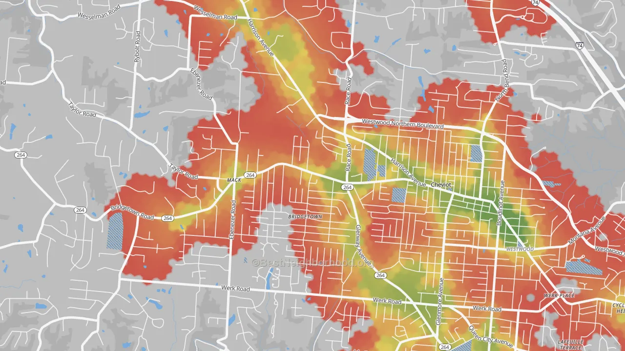 Walk Grade map of Bridgetown North, Cincinnati, OH, walkable areas in green and car-dependent areas in red
