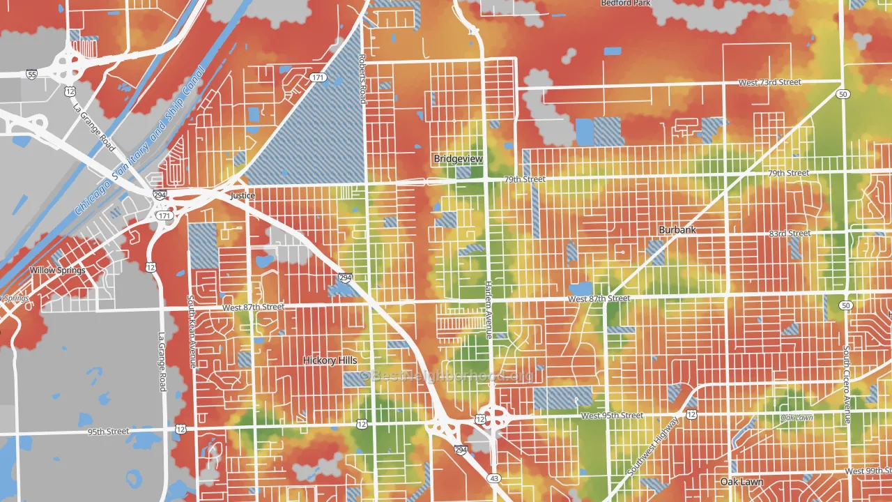 Walk Grade map of Bridgeview, IL, walkable areas in green and car-dependent areas in red
