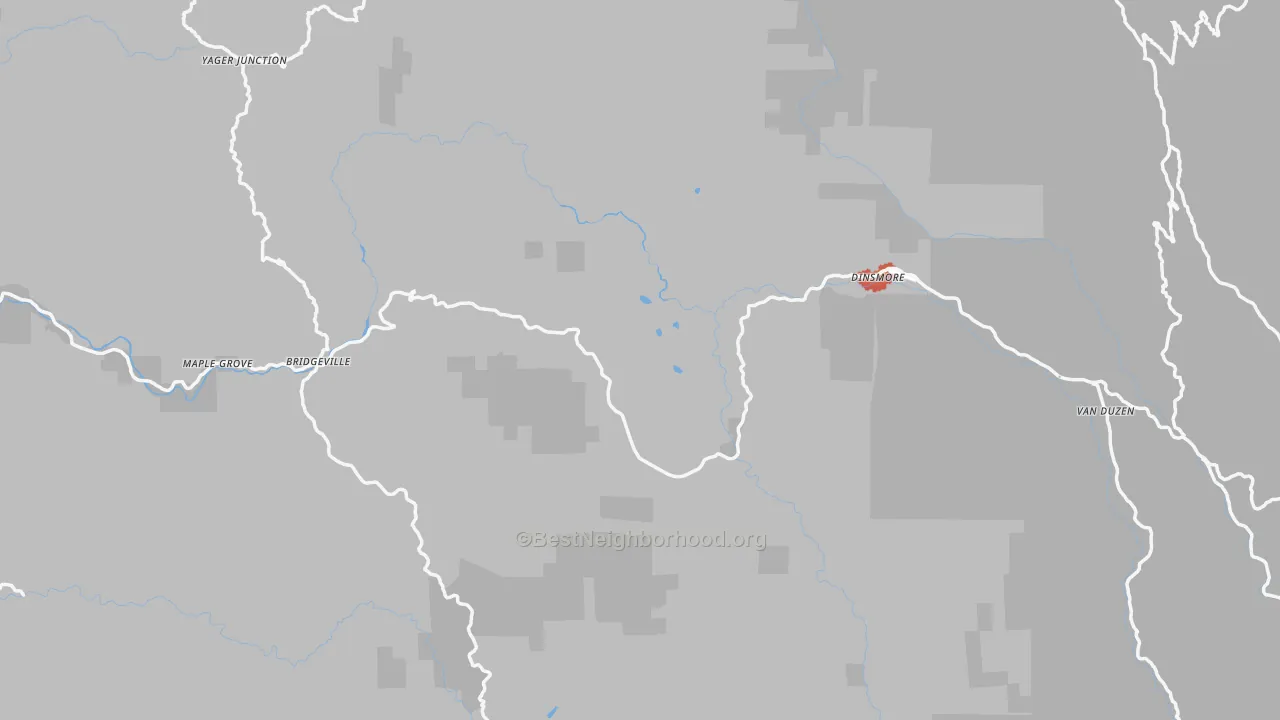 Walk Grade map of Bridgeville, CA, walkable areas in green and car-dependent areas in red