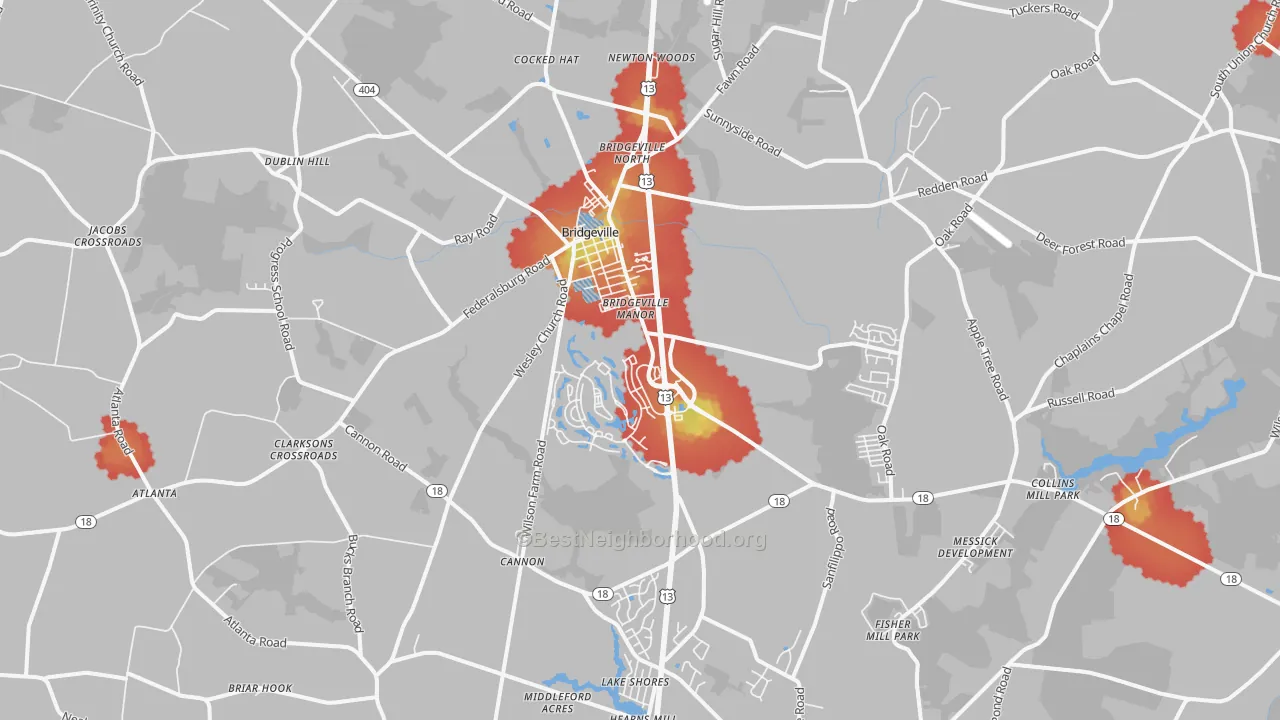 Walk Grade map of Bridgeville, DE, walkable areas in green and car-dependent areas in red