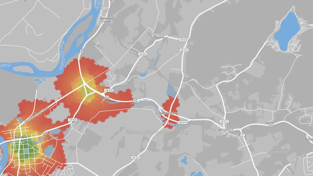 Walk Grade map of Bridgeville, NJ, walkable areas in green and car-dependent areas in red