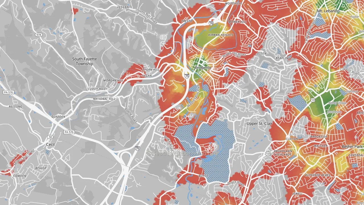 Walk Grade map of Bridgeville, PA, walkable areas in green and car-dependent areas in red
