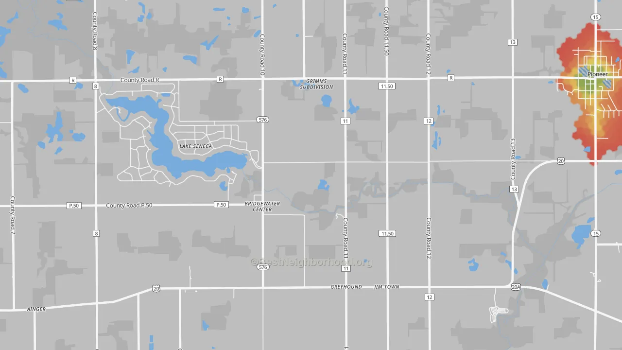 Walk Grade map of Bridgewater Center, OH, walkable areas in green and car-dependent areas in red