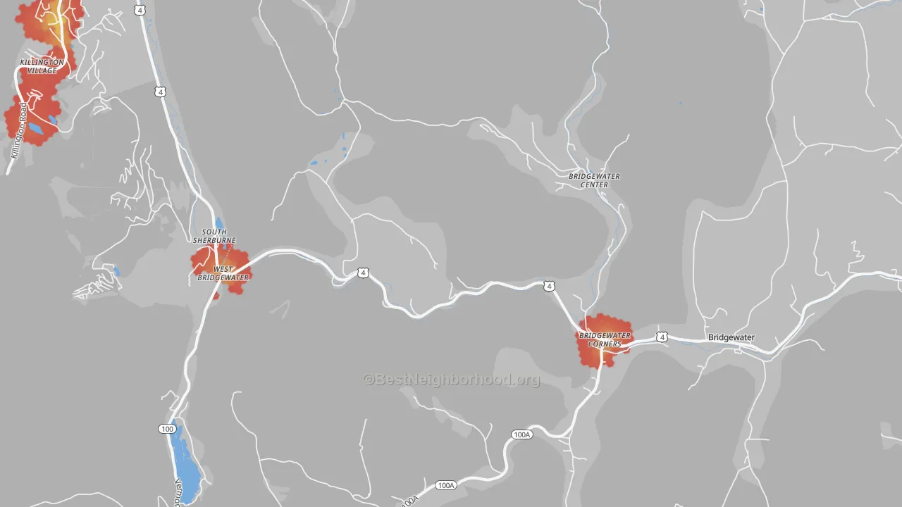 Walk Grade map of Bridgewater Corners, VT, walkable areas in green and car-dependent areas in red