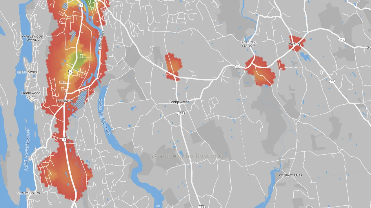 Walk Grade map of Bridgewater, CT, walkable areas in green and car-dependent areas in red