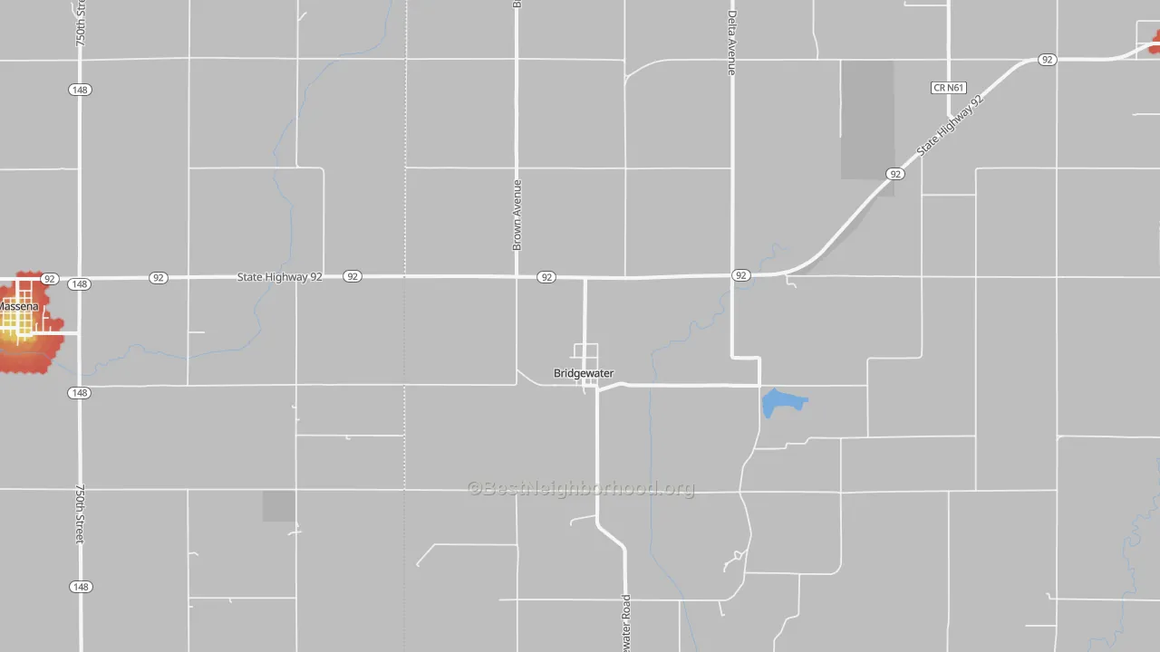 Walk Grade map of Bridgewater, IA, walkable areas in green and car-dependent areas in red