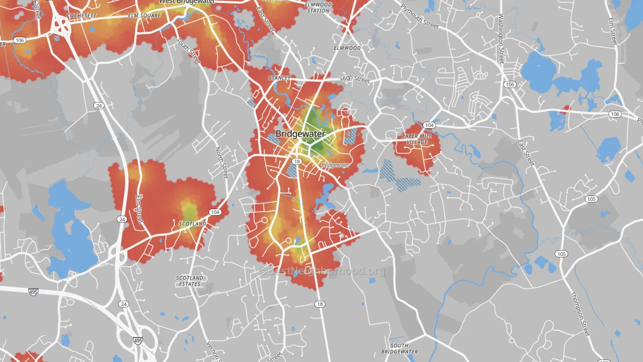 Walk Grade map of Bridgewater, MA, walkable areas in green and car-dependent areas in red