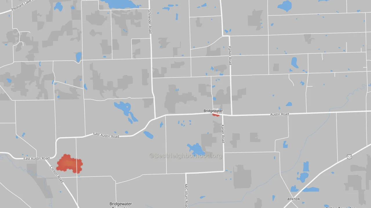 Walk Grade map of Bridgewater, MI, walkable areas in green and car-dependent areas in red