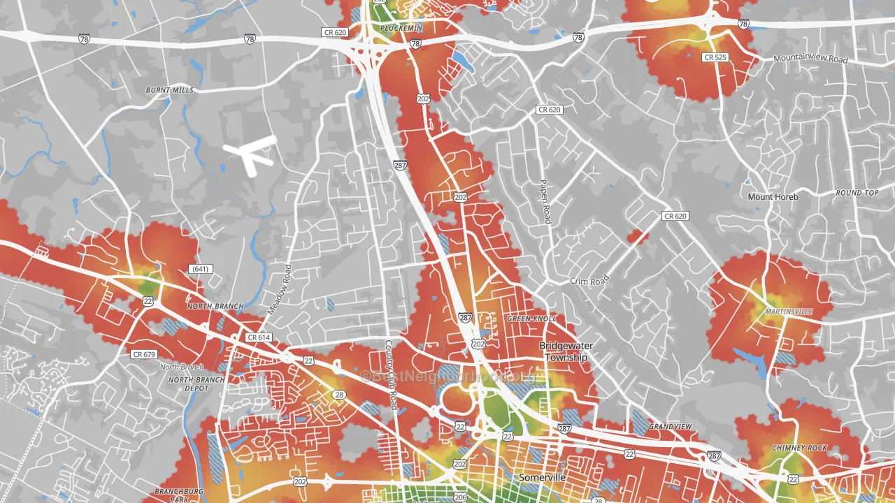 Walk Grade map of Bridgewater, NJ, walkable areas in green and car-dependent areas in red
