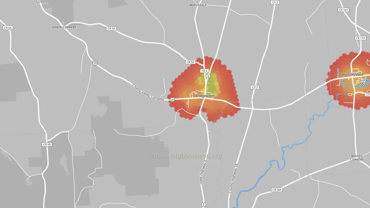 Walk Grade map of Bridgewater, NY, walkable areas in green and car-dependent areas in red