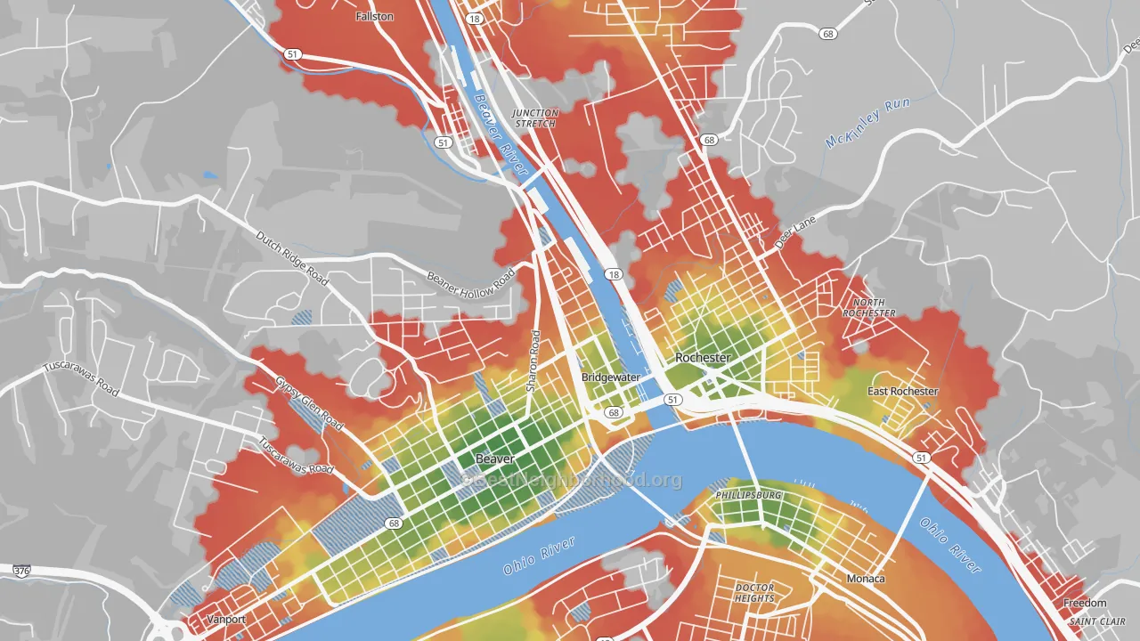 Walk Grade map of Bridgewater, PA, walkable areas in green and car-dependent areas in red