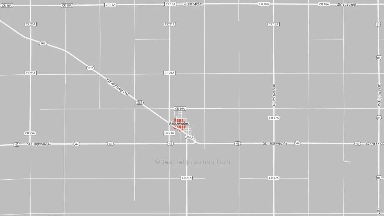 Walk Grade map of Bridgewater, SD, walkable areas in green and car-dependent areas in red
