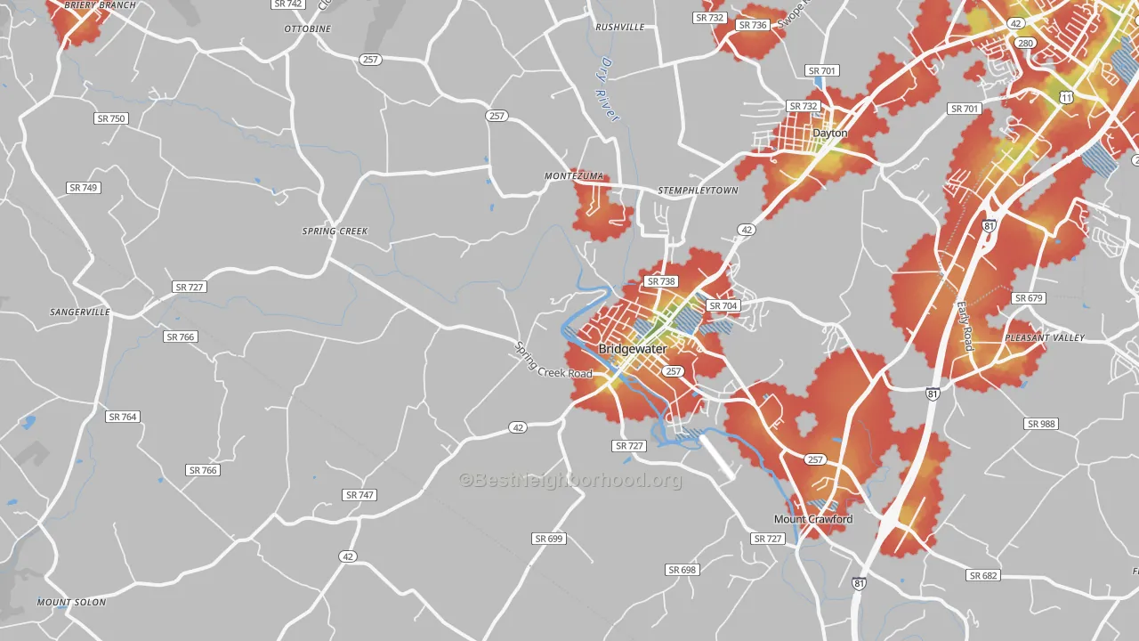Walk Grade map of Bridgewater, VA, walkable areas in green and car-dependent areas in red