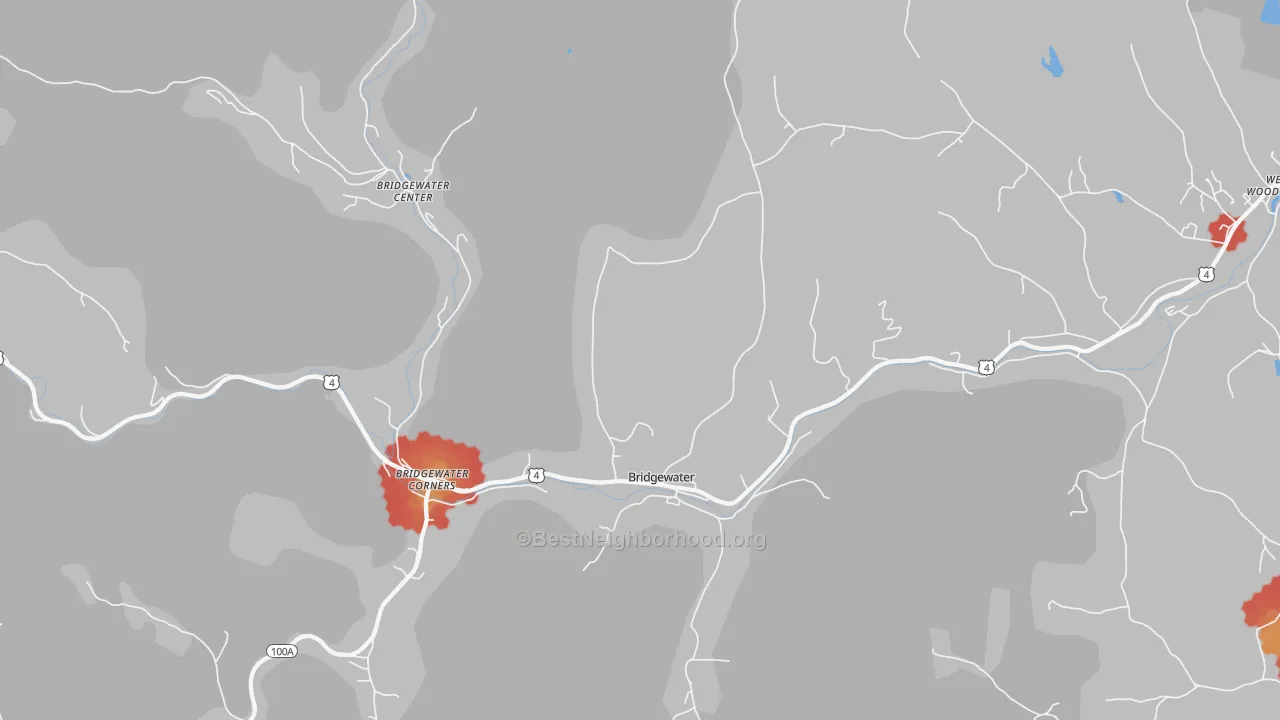 Walk Grade map of Bridgewater, VT, walkable areas in green and car-dependent areas in red