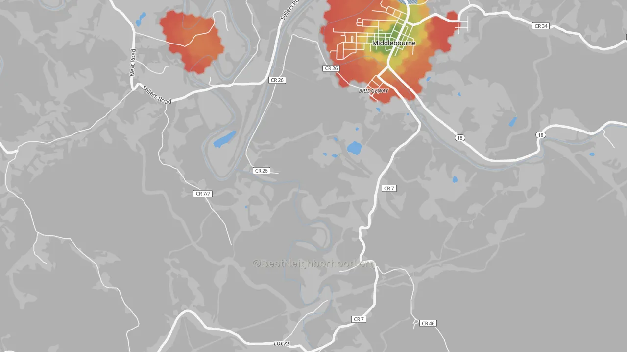 Walk Grade map of Bridgeway, WV, walkable areas in green and car-dependent areas in red