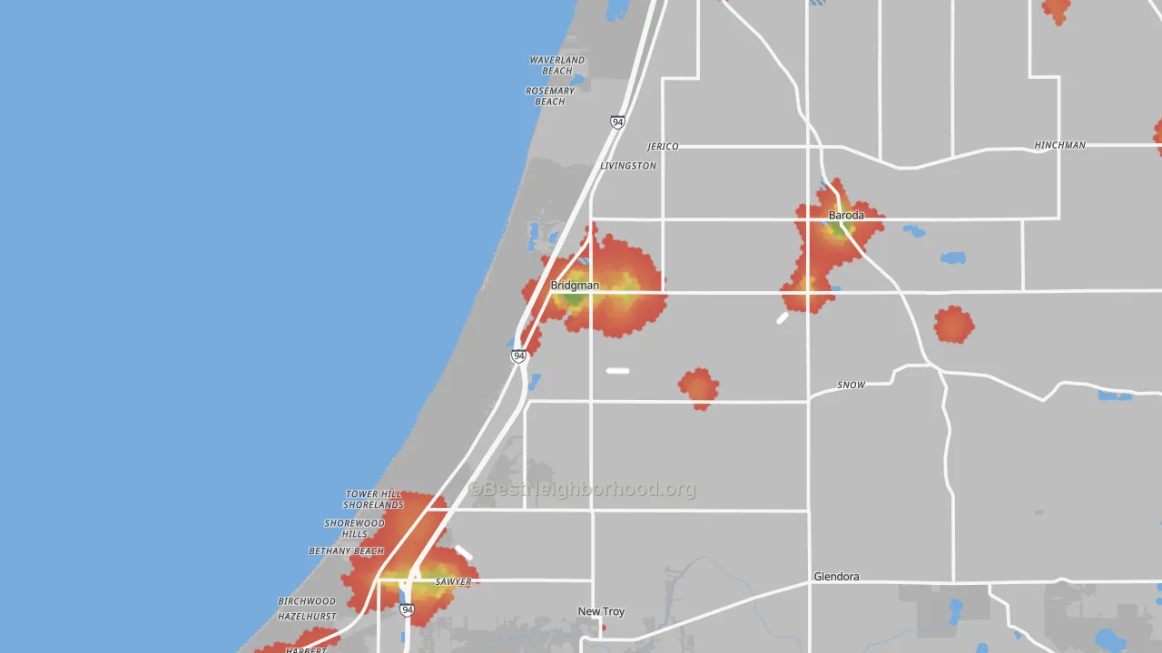 Walk Grade map of Bridgman, MI, walkable areas in green and car-dependent areas in red