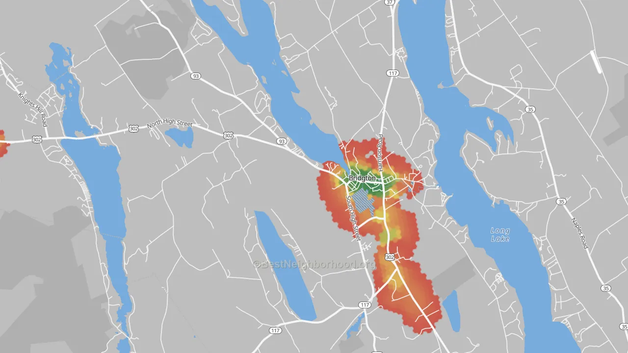 Walk Grade map of Bridgton, ME, walkable areas in green and car-dependent areas in red