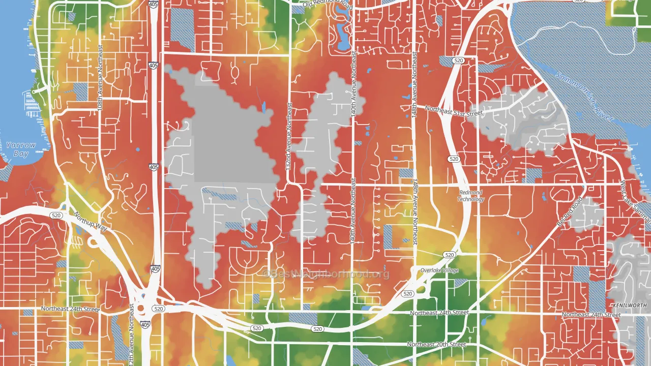 Walk Grade map of Bridle Trails, Bellevue, WA, walkable areas in green and car-dependent areas in red