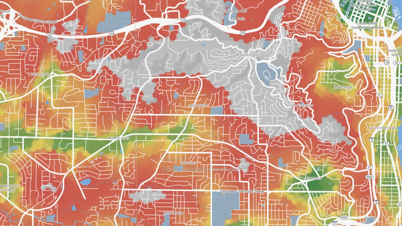 Walk Grade map of Bridlemile, Portland, OR, walkable areas in green and car-dependent areas in red