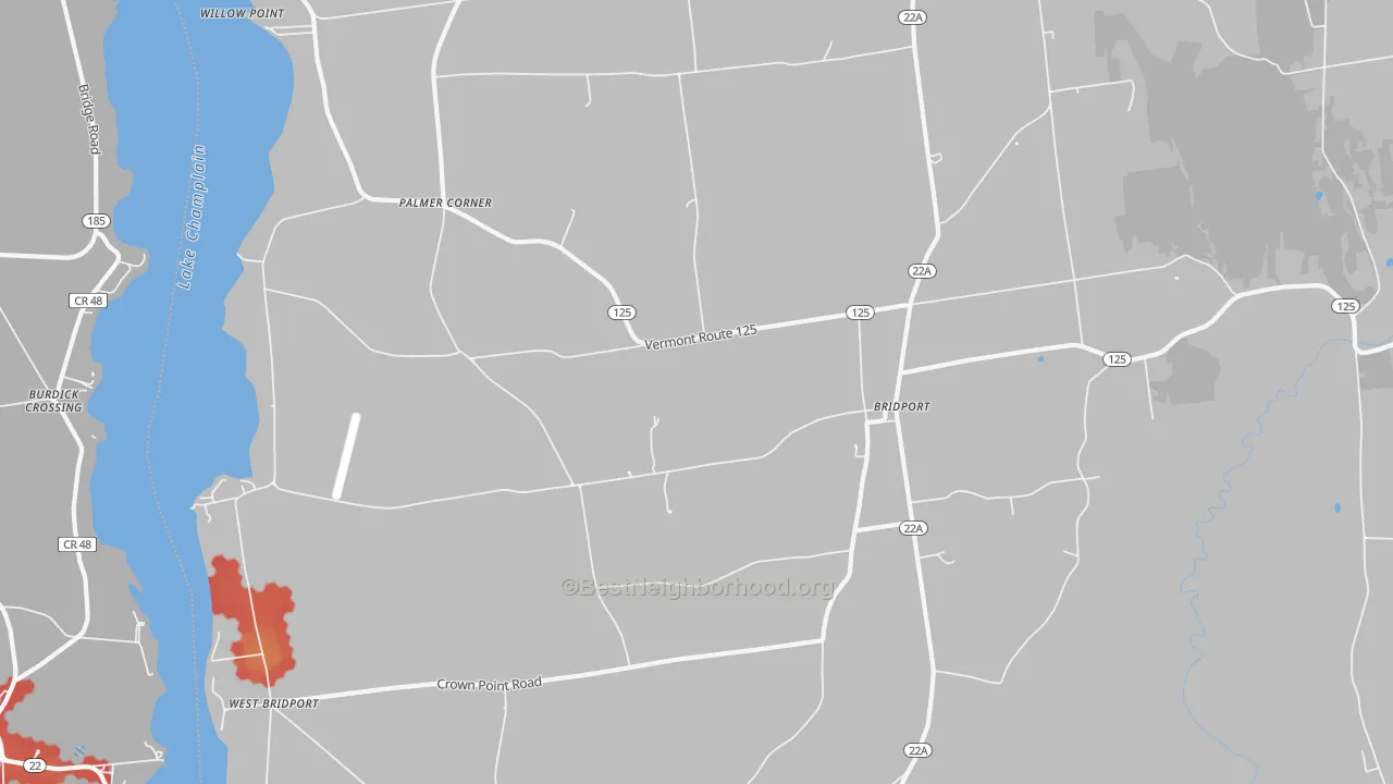 Walk Grade map of Bridport, VT, walkable areas in green and car-dependent areas in red
