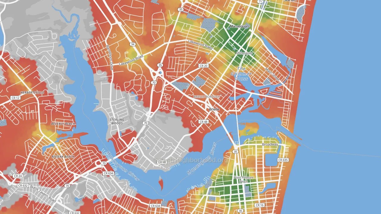 Walk Grade map of Brielle, NJ, walkable areas in green and car-dependent areas in red