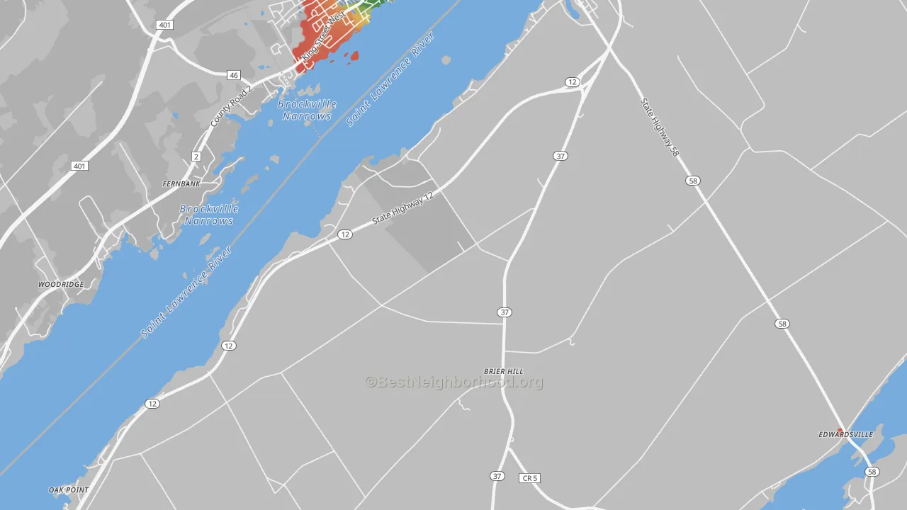 Walk Grade map of Brier Hill, NY, walkable areas in green and car-dependent areas in red