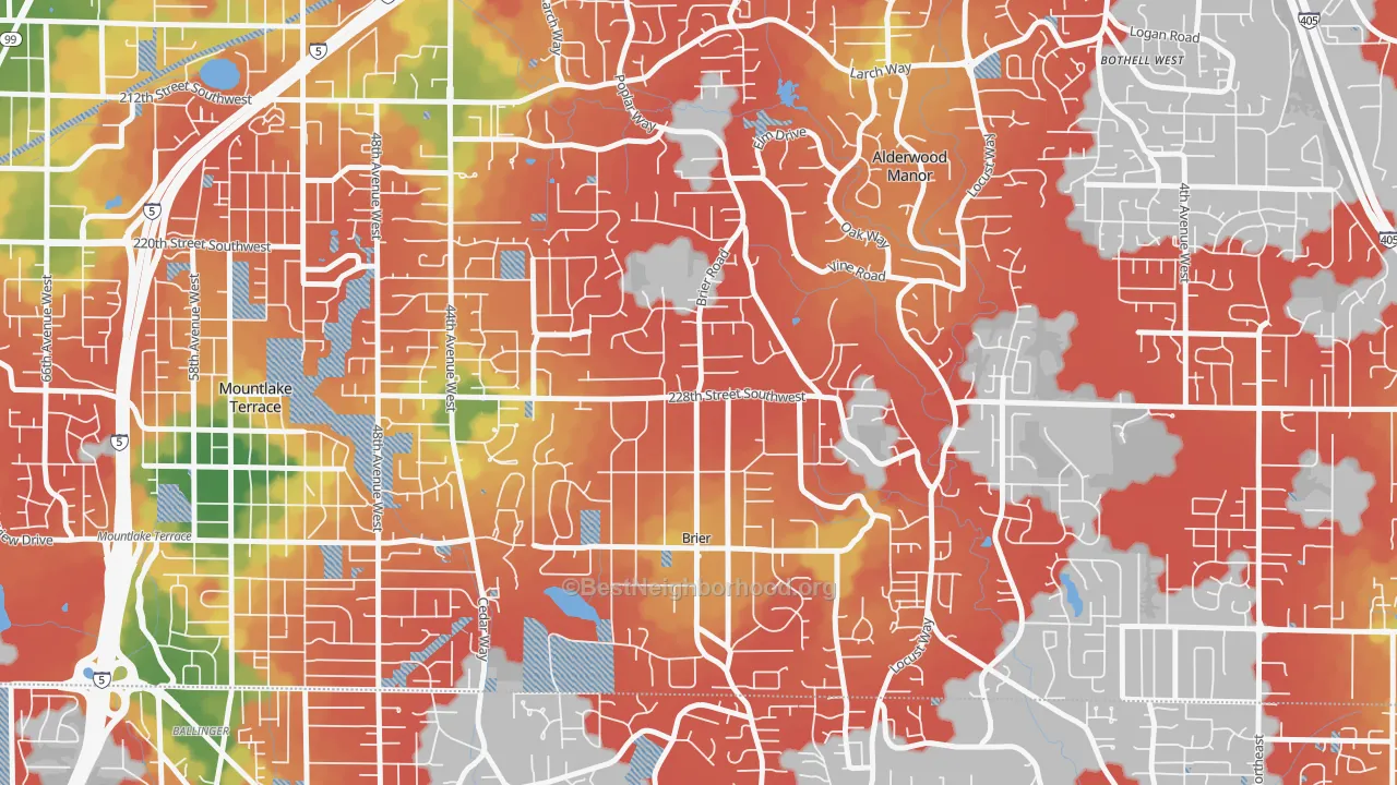 Walk Grade map of Brier, WA, walkable areas in green and car-dependent areas in red