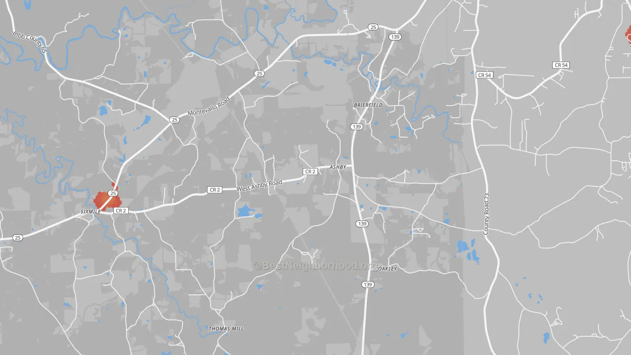 Walk Grade map of Brierfield, AL, walkable areas in green and car-dependent areas in red