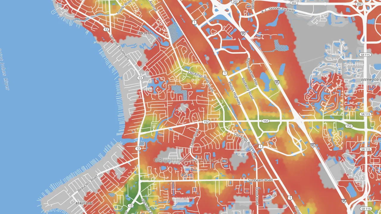 Walk Grade map of Brierwood, Jacksonville, FL, walkable areas in green and car-dependent areas in red